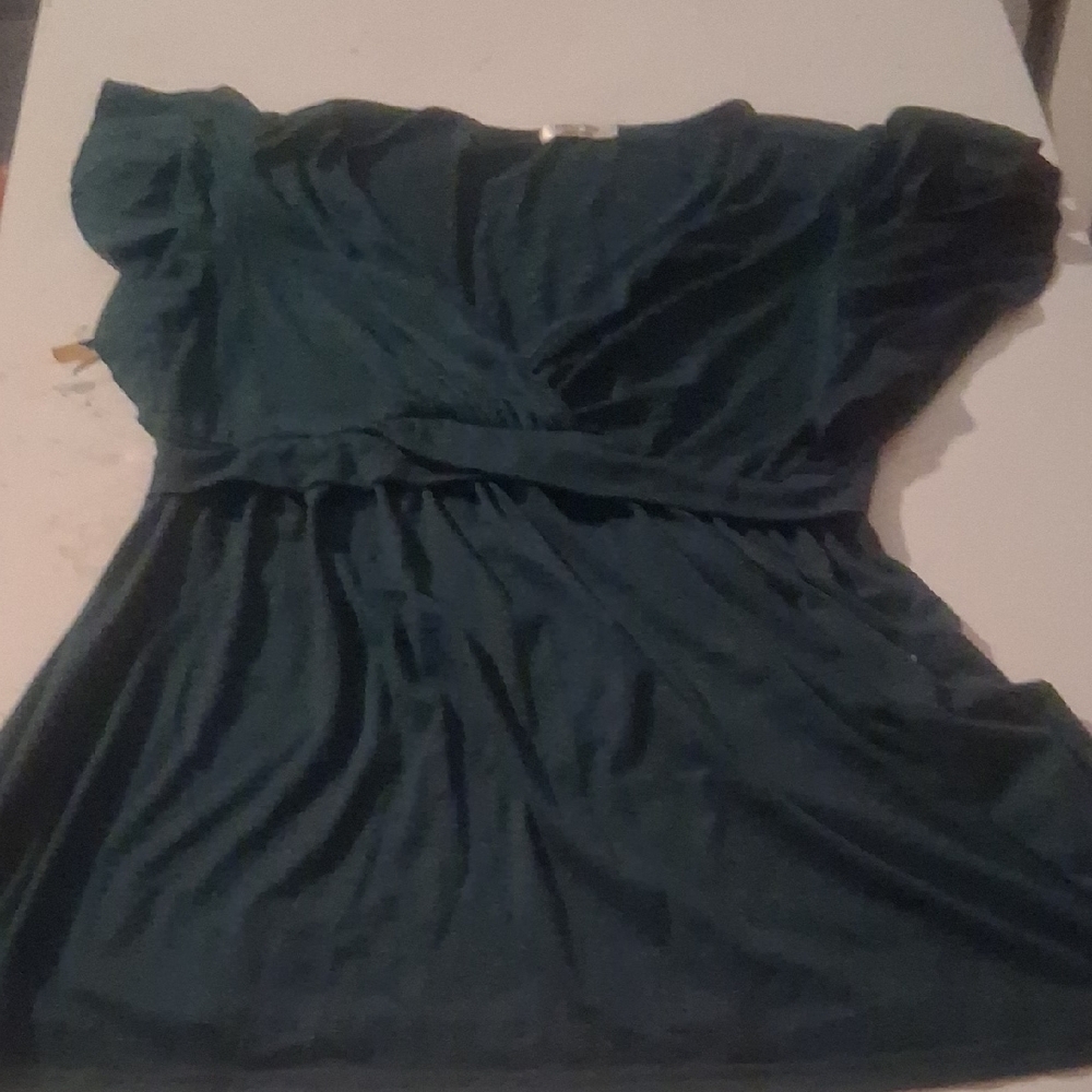 Ekouaer Dark Green V-Neck Empire Waist Flutter Sleeve Blouse L - Picture 2 of 6